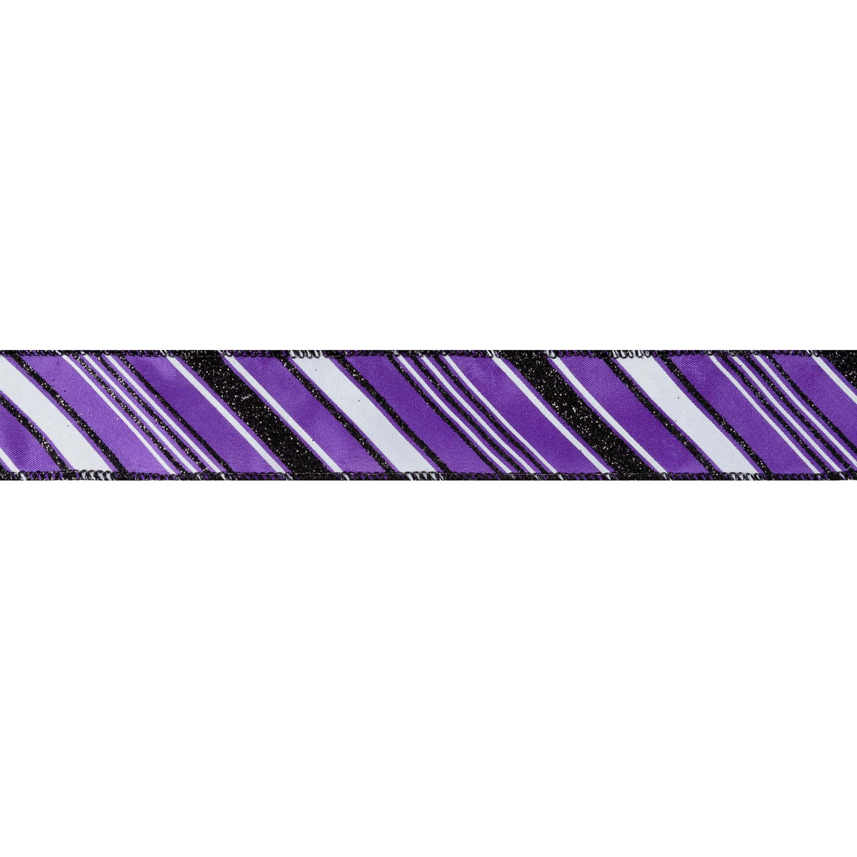 1.5 inch Purple wired ribbon with diagonal black and white candy stripes and black wired edges by 10 yards