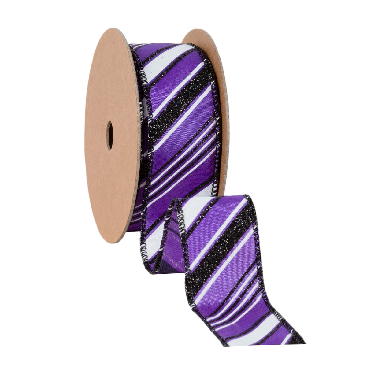 1.5 inch Purple wired ribbon with diagonal black and white candy stripes and black wired edges by 10 yards