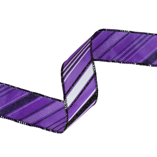 1.5 inch Purple wired ribbon with diagonal black and white candy stripes and black wired edges by 10 yards