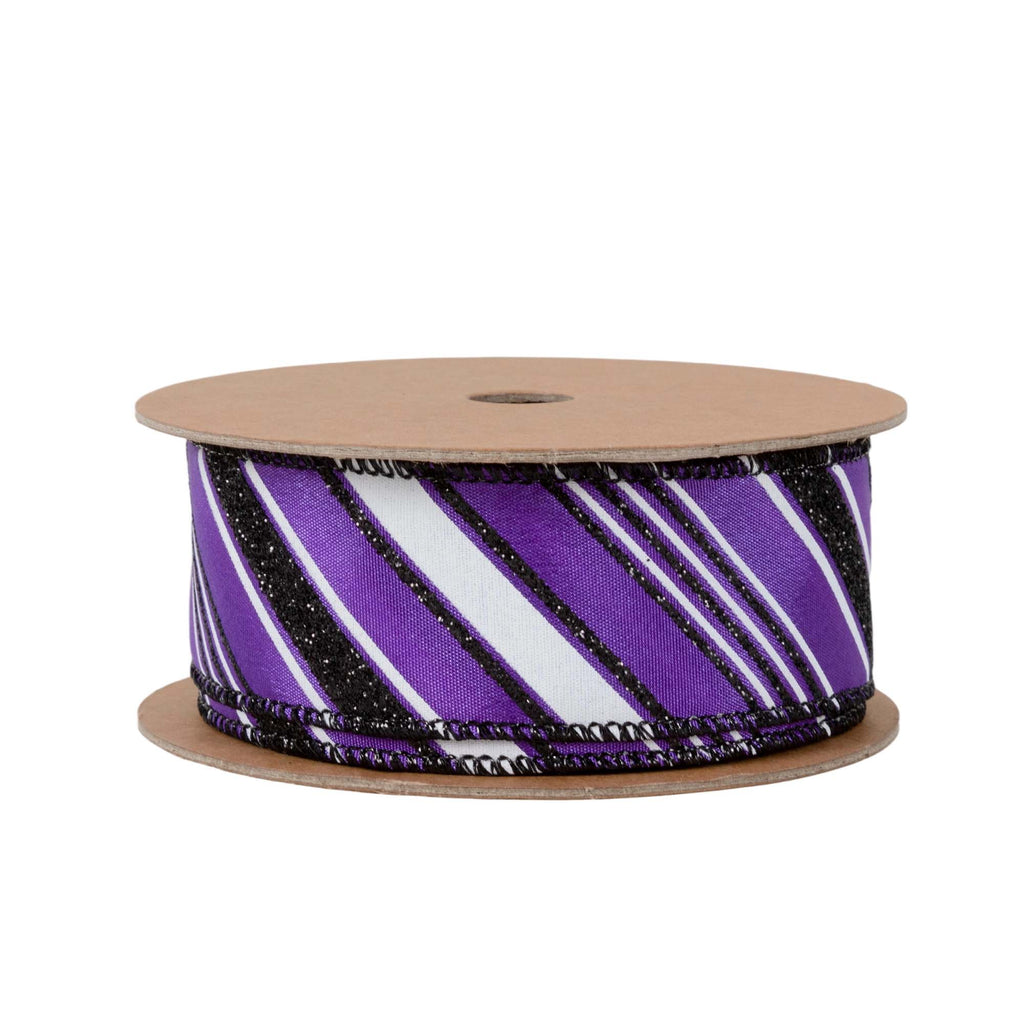 1.5 inch Purple wired ribbon with diagonal black and white candy stripes and black wired edges by 10 yards