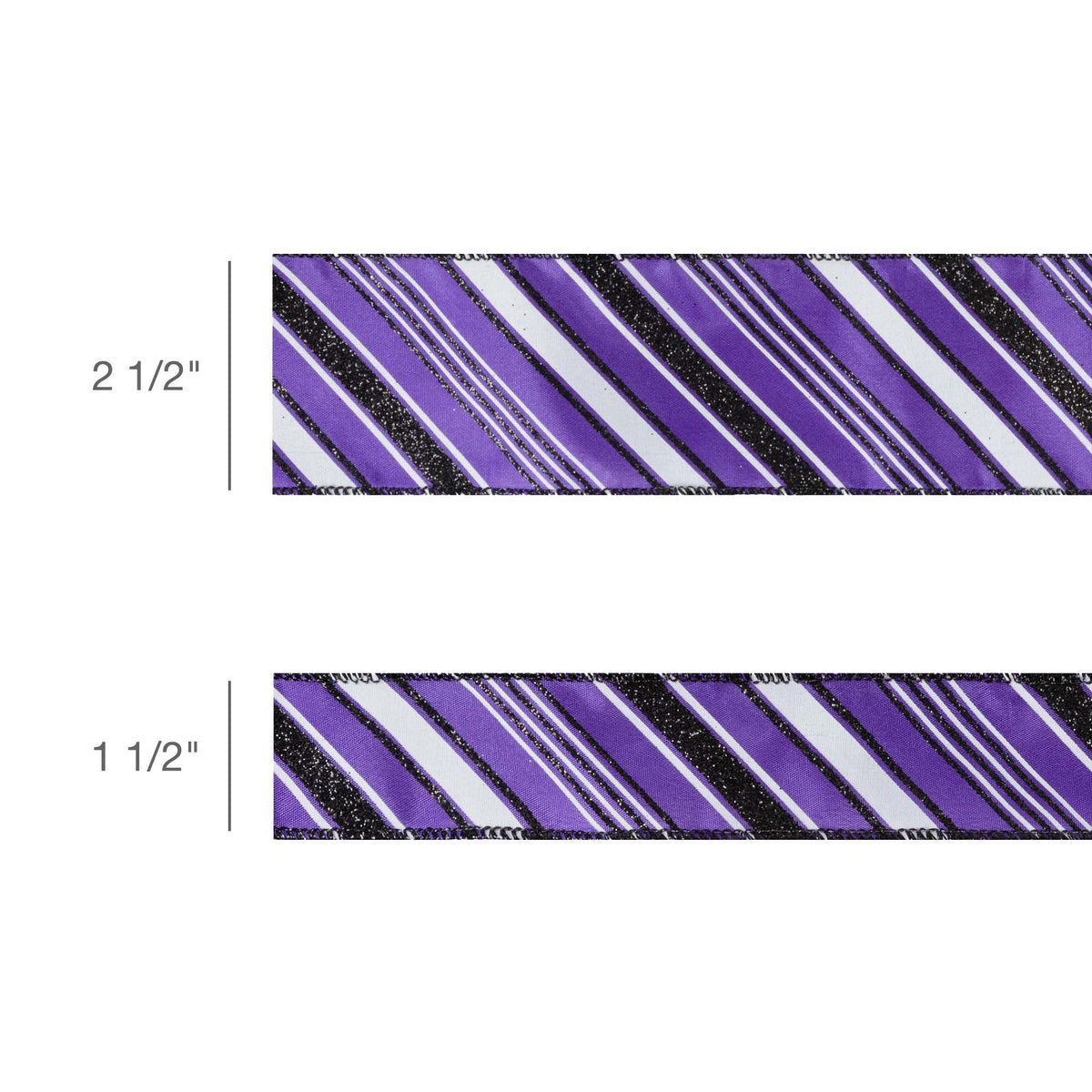 Two horizontal strips of purple glitter ribbon with diagonal white and black stripes, shown side by side on a white background with width labels reading 2 1/2" and 1 1/2".