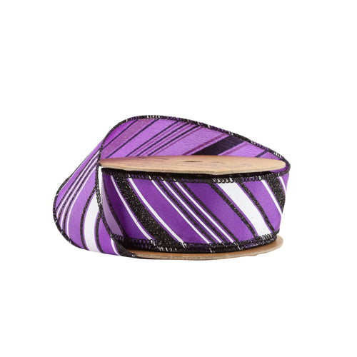 1.5 inch Purple wired ribbon with diagonal black and white candy stripes and black wired edges by 10 yards