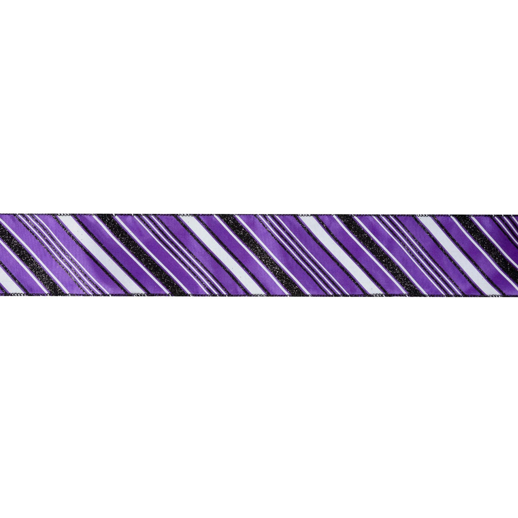 A close-up horizontal strip of a striped fabric or ribbon pattern in purple, white, and black glitter, shown against a plain white background.