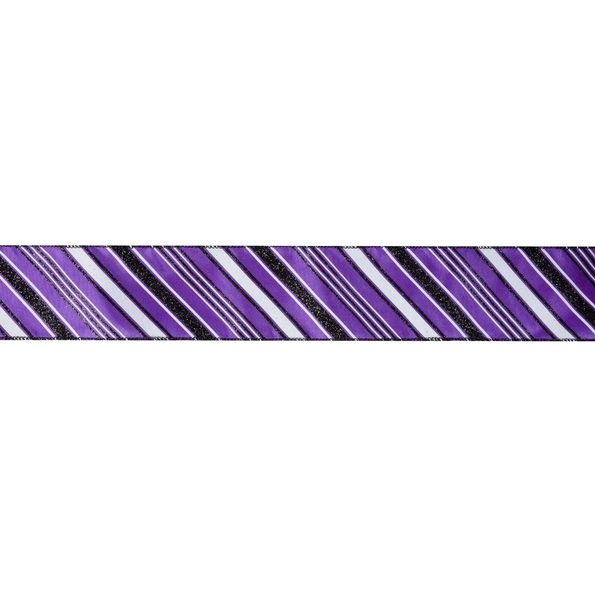 A close-up horizontal strip of a striped fabric or ribbon pattern in purple, white, and black glitter, shown against a plain white background.