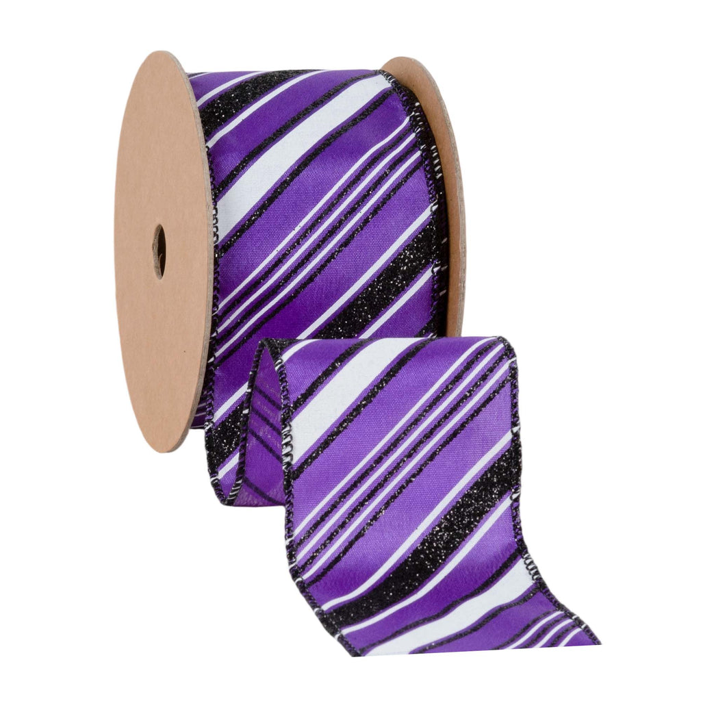 2.5 inch wide Purple wired ribbon with diagonal black and white candy stripes and black wired edges by 10 yards