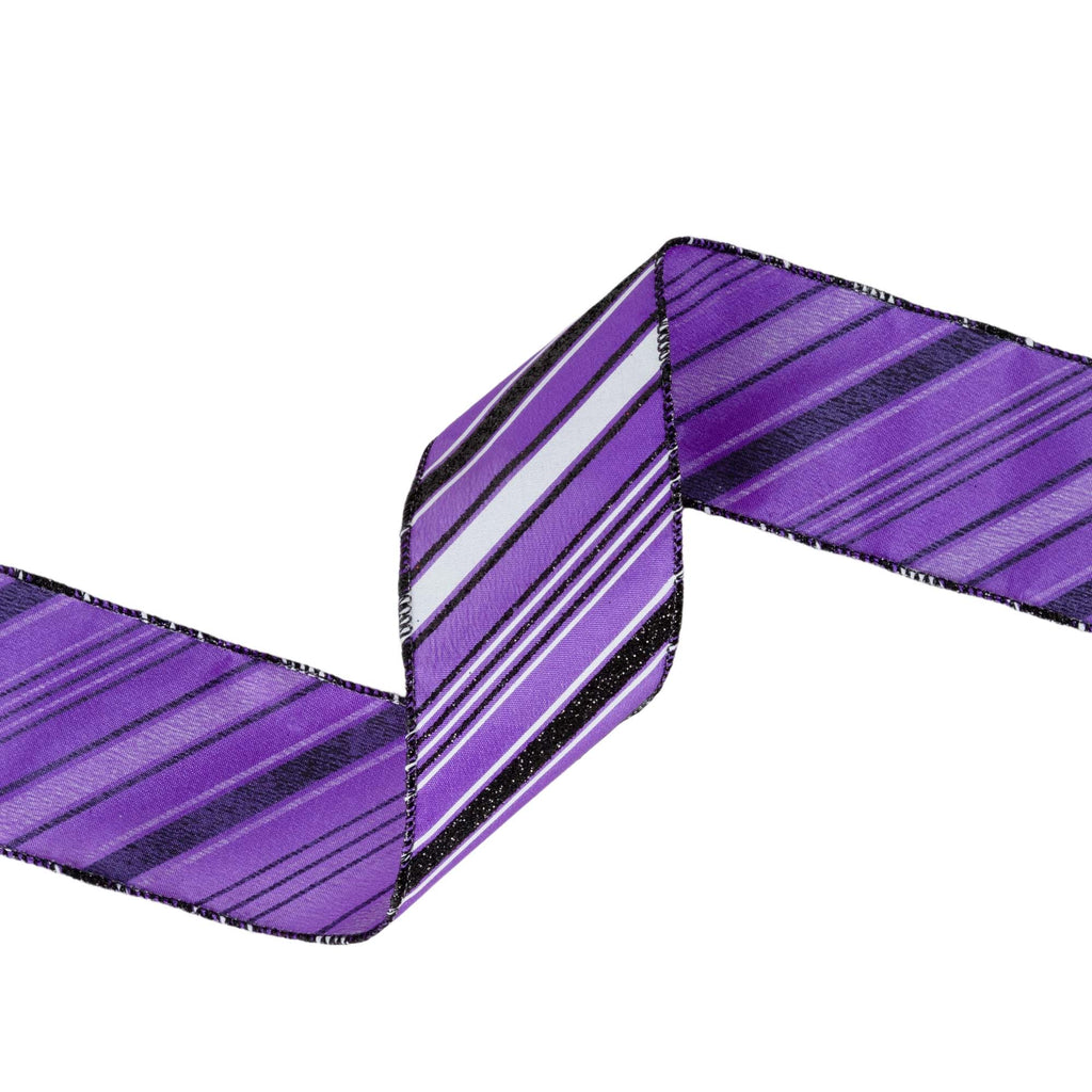 Purple ribbon with diagonal black and white stripes, folded to show its texture and pattern against a white background.