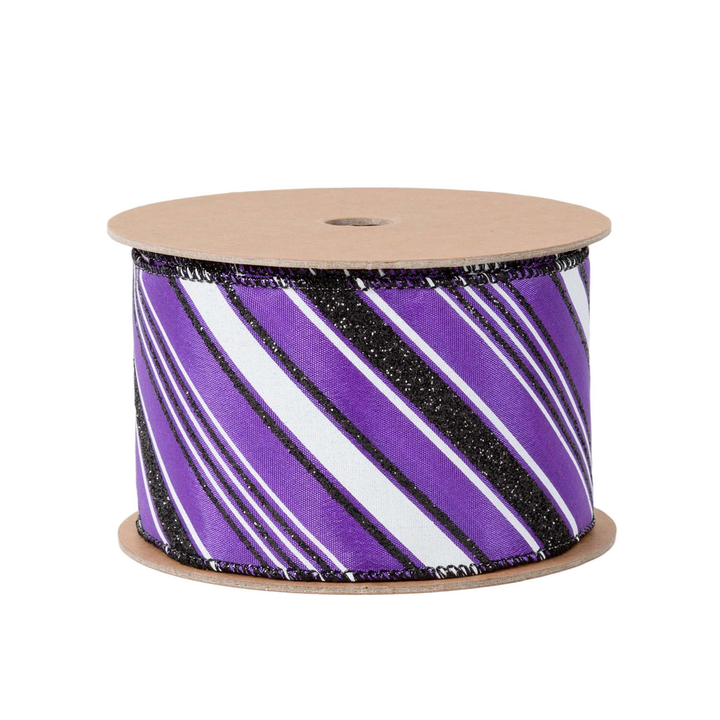 2.5 inch wide Purple wired ribbon with diagonal black and white candy stripes and black wired edges by 10 yards