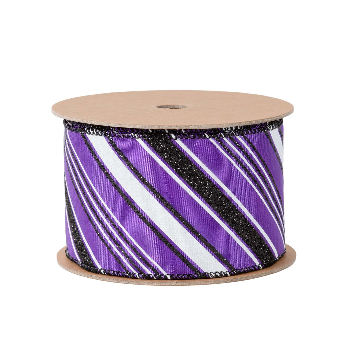 2.5 inch wide Purple wired ribbon with diagonal black and white candy stripes and black wired edges by 10 yards