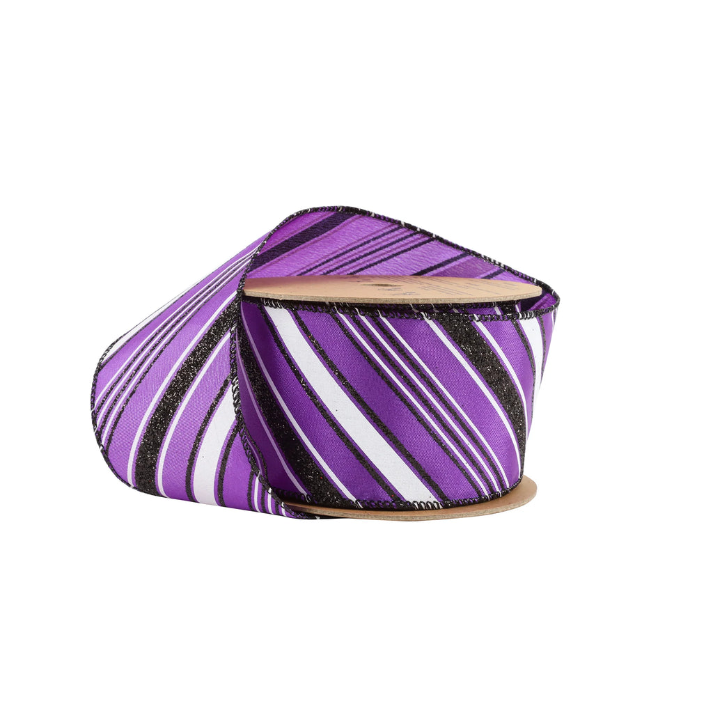 2.5 inch wide Purple wired ribbon with diagonal black and white candy stripes and black wired edges by 10 yards