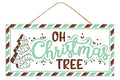 12.5-inch Oh Christmas Tree MDF hanging sign in white, mint and chocolate with jute rope hanger