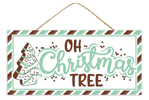 12.5-inch Oh Christmas Tree MDF hanging sign in white, mint and chocolate with jute rope hanger