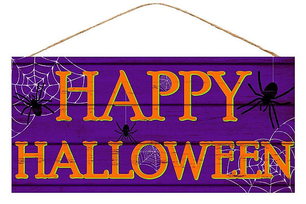 Happy Halloween Hanging Sign - MDF - 12.5" x 6" - Purple / Orange
