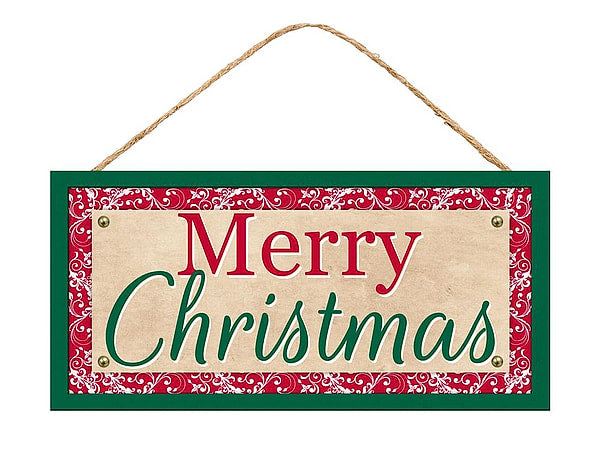 12.5-inch Merry Christmas MDF hanging sign in red green beige and white with decorative border