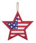 Red white and blue Stars and Stripes star-shaped MDF hanging sign with patriotic American flag design