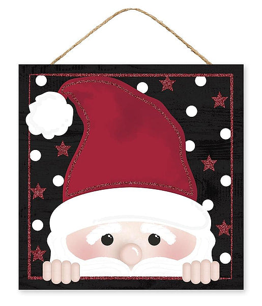 Peeking Santa Hanging Sign - MDF - 10" x 10" - Black / Red / White