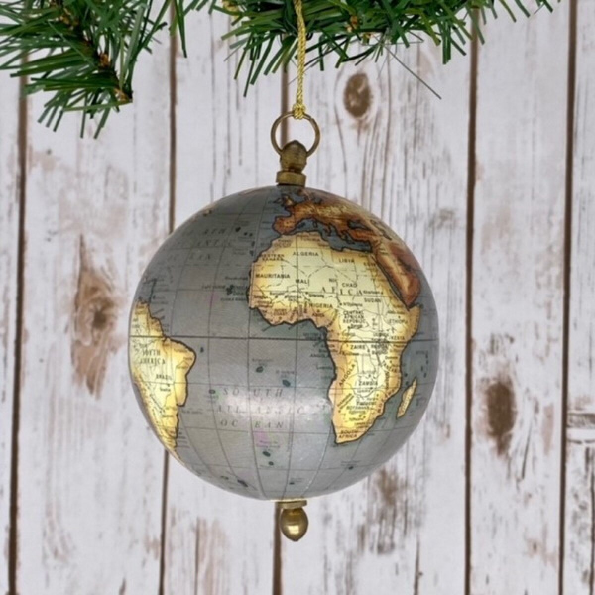 D. Stevens four inch vintage world globe Christmas ornament with grey antique map design and brass-tone details