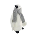 11.5 inch white penguin figurine wearing a grey knit scarf with black accent details