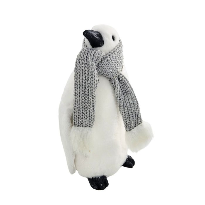 11.5 inch white penguin figurine wearing a grey knit scarf with black accent details