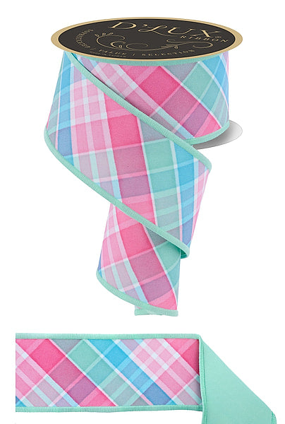 2.5" D'LUX Bold Plaid/Fused Wired Ribbon – Light Teal/Pink/Mint – 10 YDS