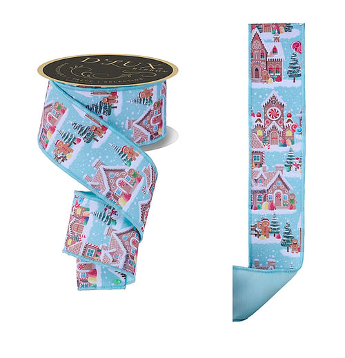 Decorative ribbon with gingerbread house design on a white background