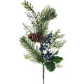 15 inch mixed green evergreen pick with blue berries, pinecone and holly leaves