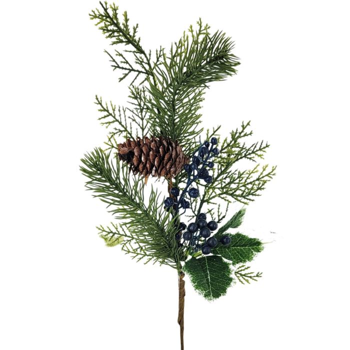 15 inch mixed green evergreen pick with blue berries, pinecone and holly leaves