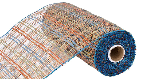 10" Vertical Foil Plaid Mesh - Smoke Blue / Orange / Gold / Sage - 10 YDS