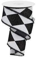 2.5" Bold Harlequin Wired Ribbon with Tinsel Edge – Black/White – 10 YDS