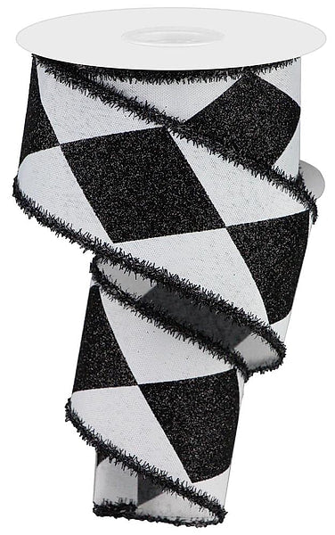 2.5" Bold Harlequin Wired Ribbon with Tinsel Edge – Black/White – 10 YDS