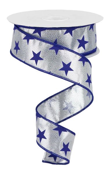 1.5 inch Silver metallic wired ribbon with navy blue stars and coordinating navy blue edges by 10 yards