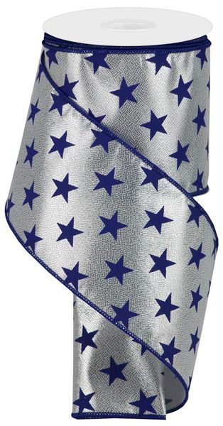 A roll of metallic silver ribbon with a repeating pattern of dark blue stars, finished with a dark blue edge, shown on a white background.
