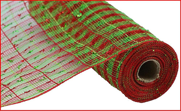 10.25" Folded Laser Foil Check Mesh - Red / Lime Green - 10 YDS