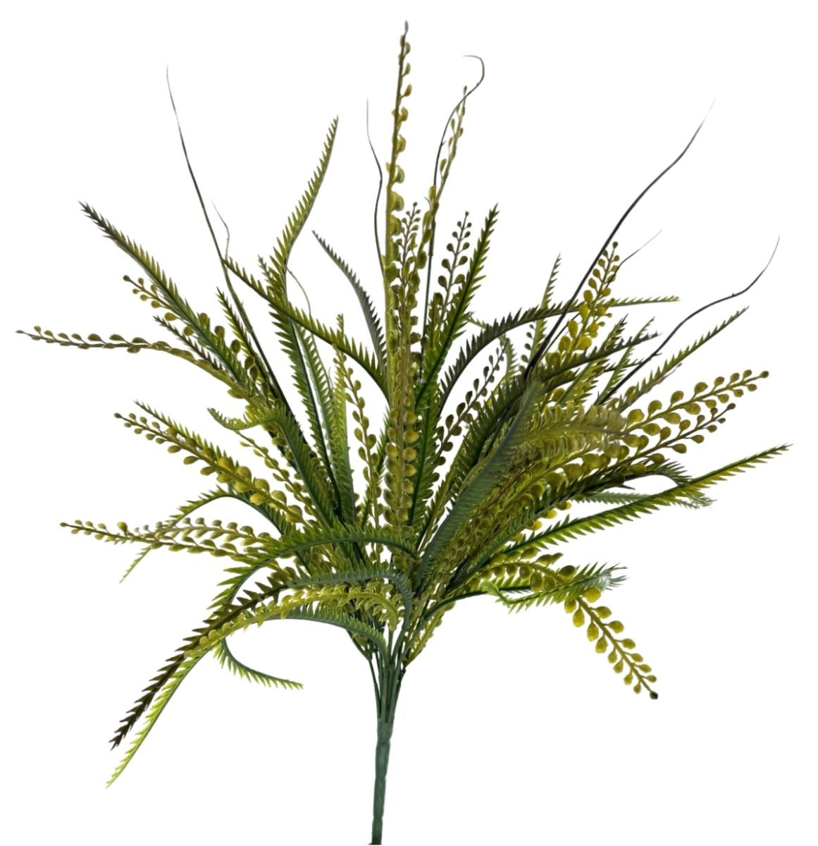 Nine stem green plastic bead grass mix with layered artificial foliage and wispy botanical accents
