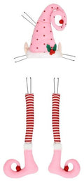 Three-piece pink Christmas elf wreath decor kit with polka dot hat, red and white striped legs and curled pink shoes