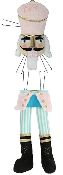 A plush nutcracker doll with a pink hat, white beard, mustache, striped green and white stockings, and black boots, shown against a plain white background.