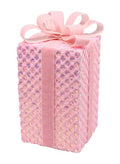 Pink square Christmas gift box ornament covered in iridescent sequins and finished with a dimensional white ribbon bow