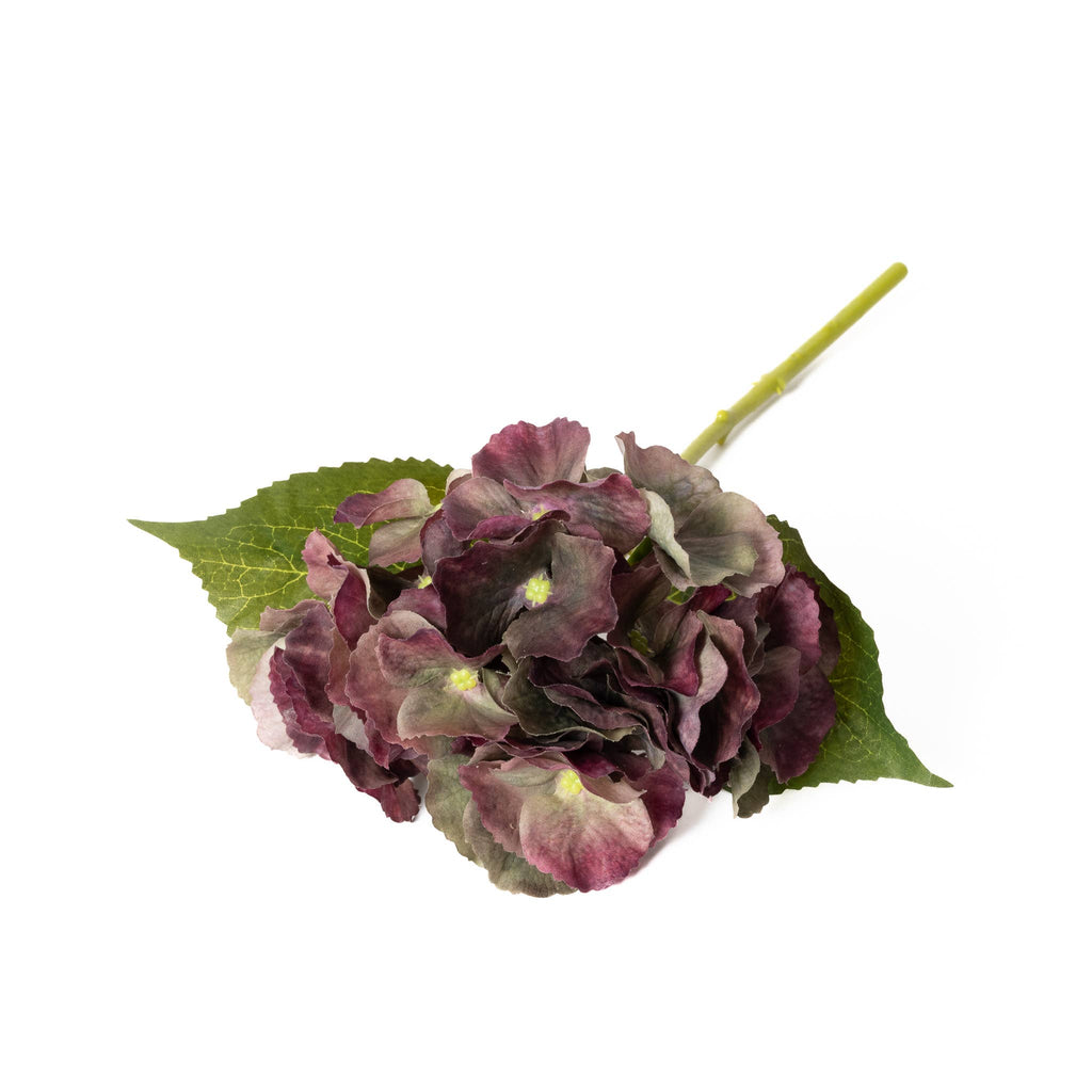 Antique Burgundy Real Touch hydrangea bloom with muted plum, burgundy and green tones