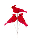 Red feather cardinal decorative pick with black wing details and a long wired stem for Christmas and holiday floral designs.
