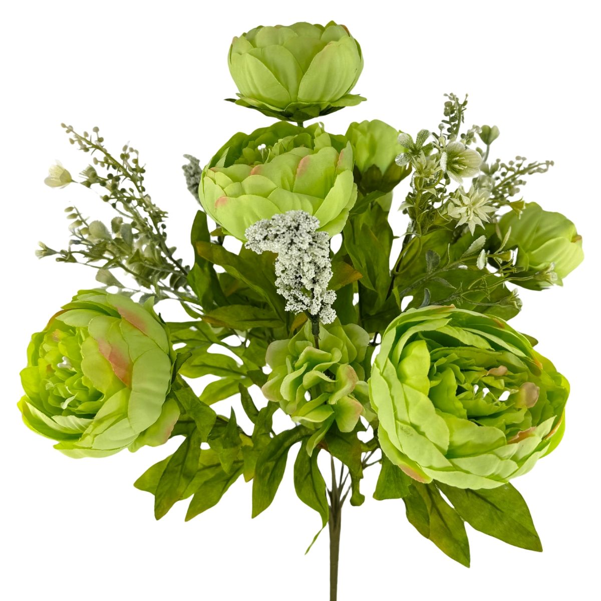 Vintage Green X13 peony floral bush with full blooms, botanical accents and green foliage