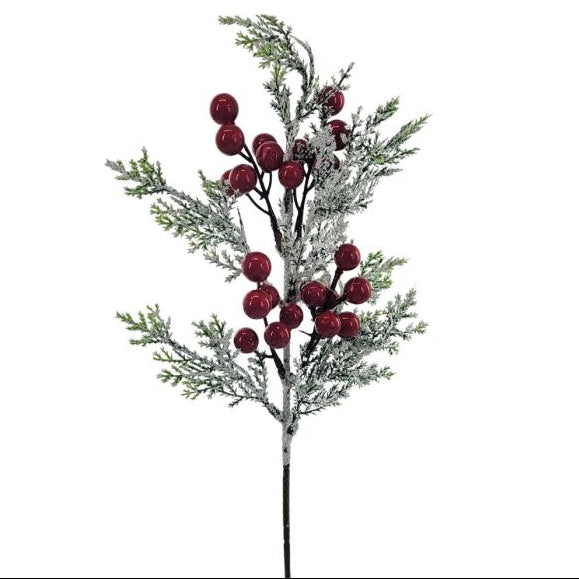 Snowy green grass spray with clusters of glossy red berries and frosted white accents