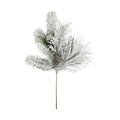 19 inch green holiday pine spray with heavy white frosting and pinecone accent