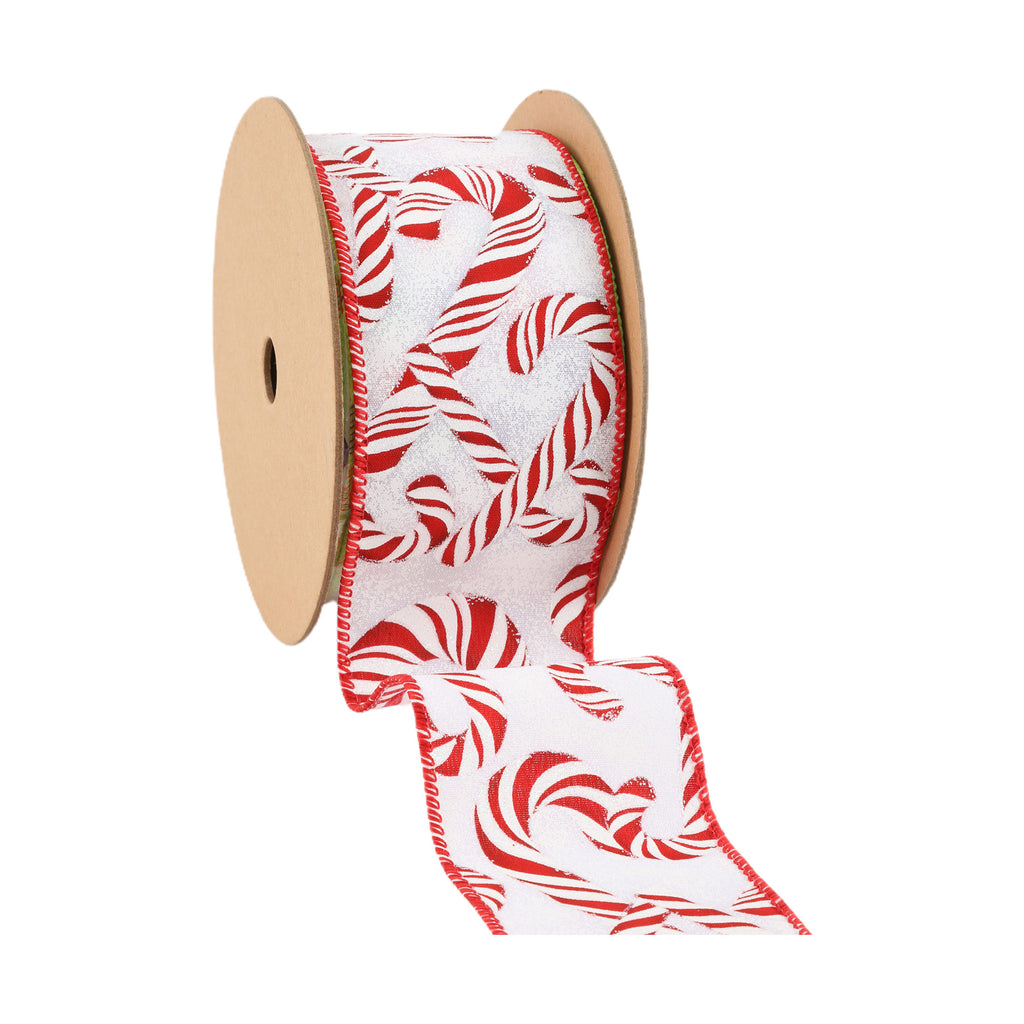 A spool of white ribbon with a red candy cane pattern and red stitched edges, shown on a plain white background.
