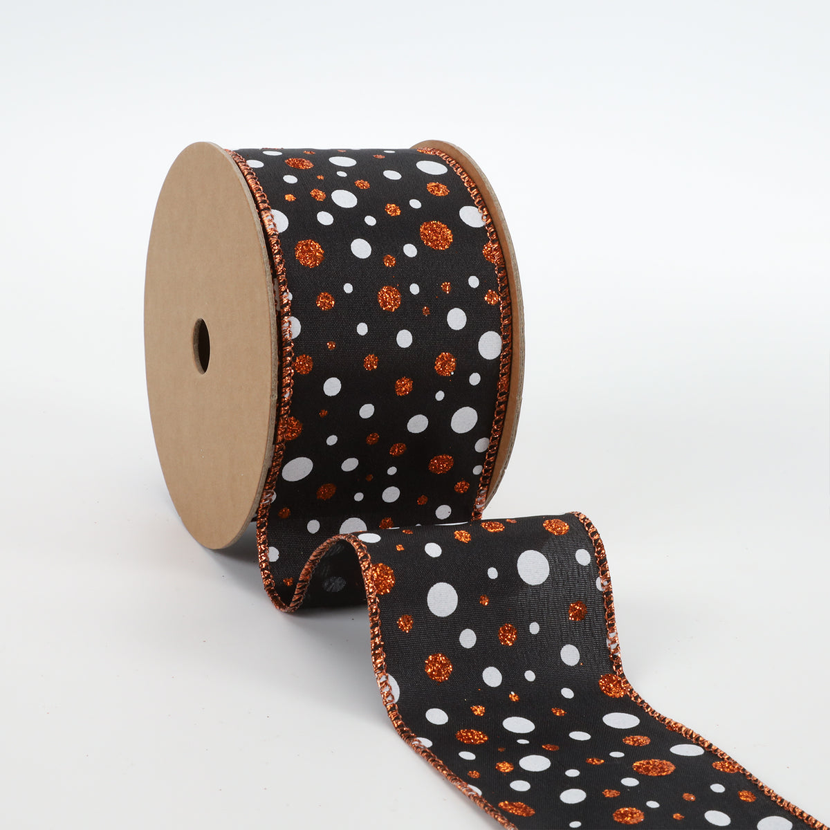 Black orange and white wired ribbon with glitter polka dot pattern