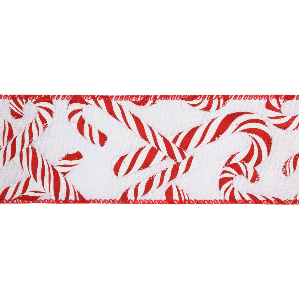 A close-up of a white ribbon or trim featuring a repeating red candy cane and striped holiday pattern, shown against a white background.