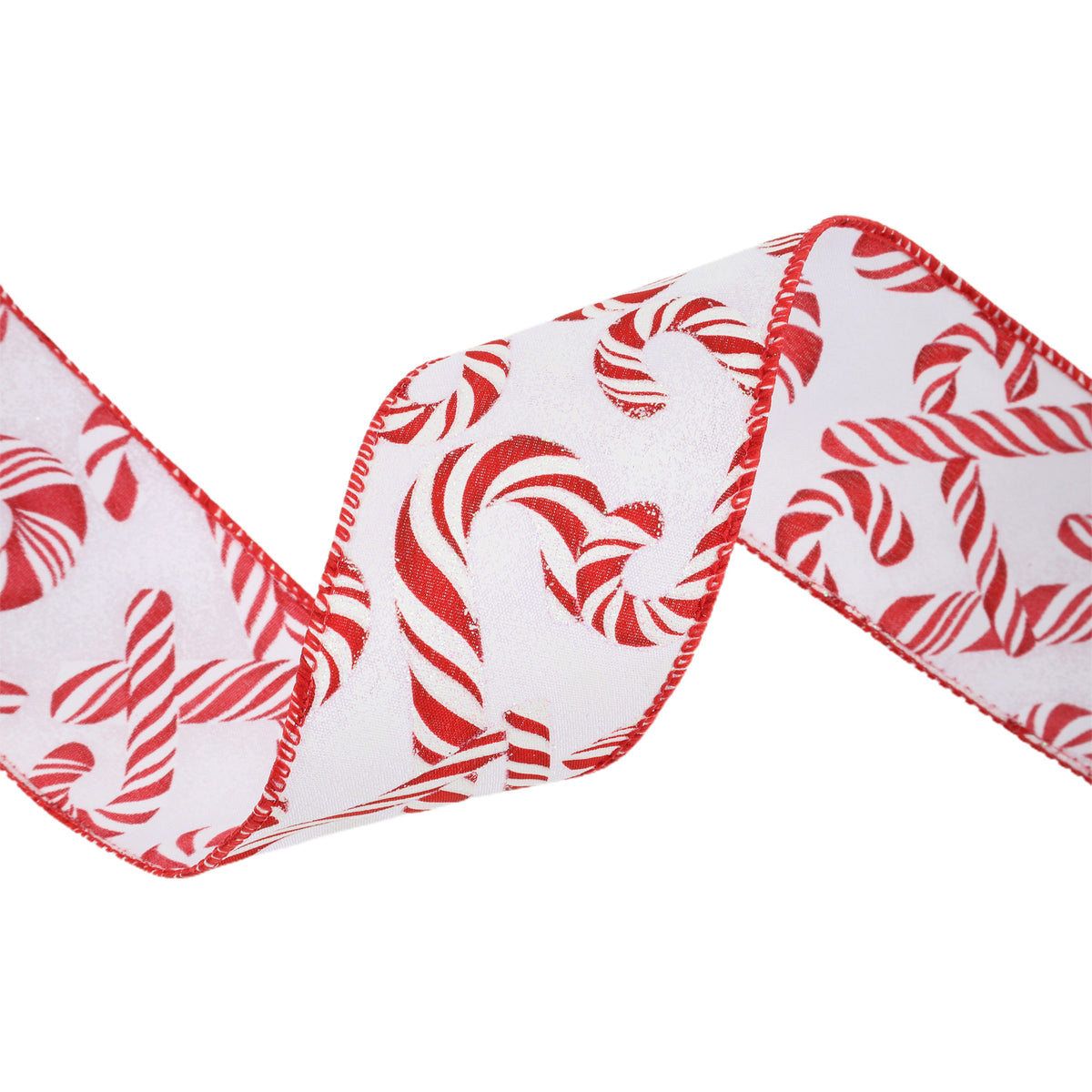 White ribbon with a red candy cane pattern, shown in a diagonal loop on a white background.