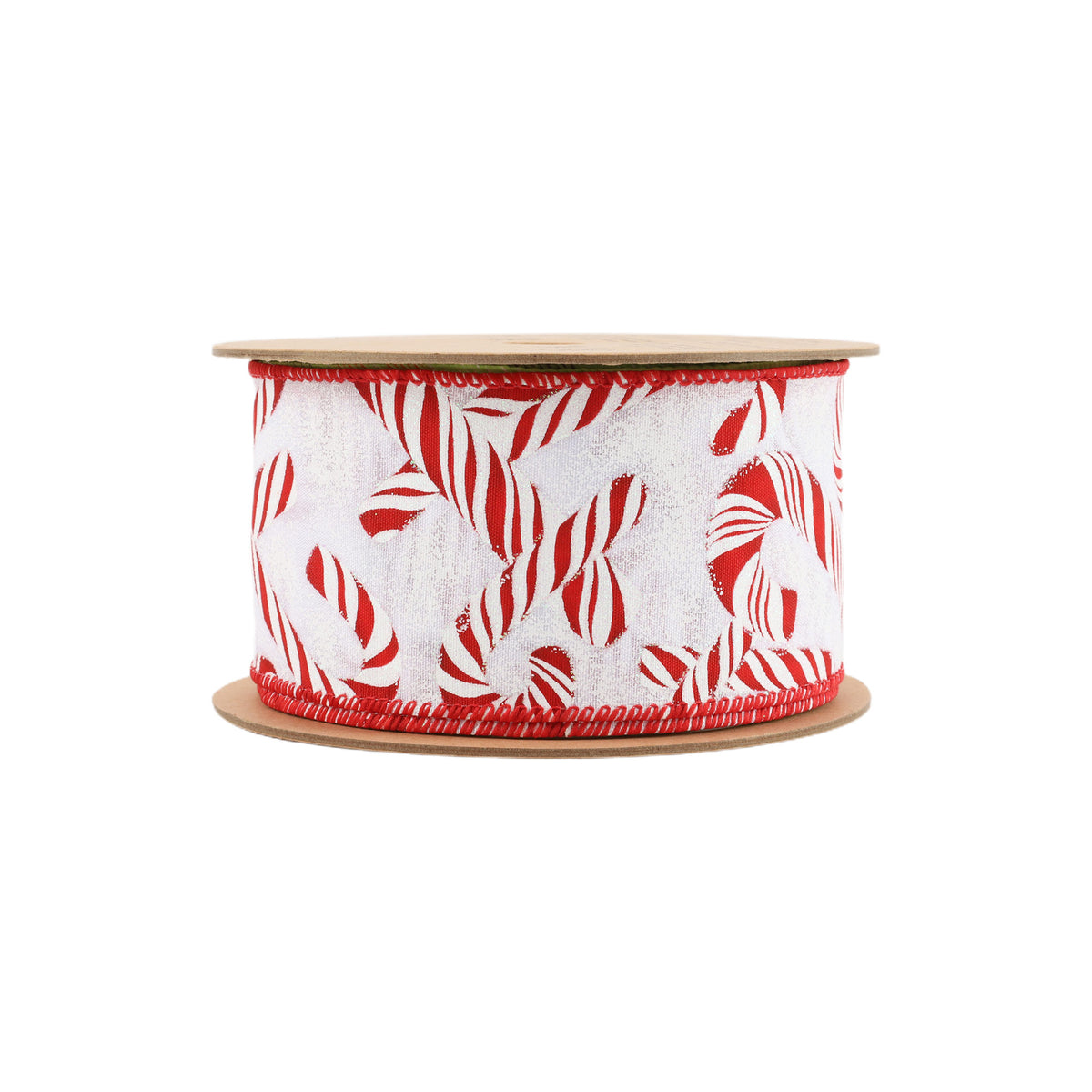 2.5 inch White wired Christmas ribbon with red candy cane pattern