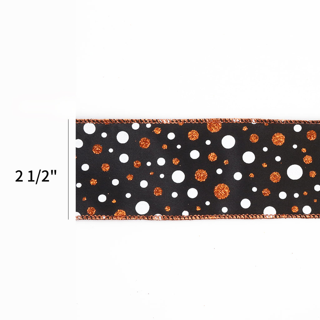 A strip of black ribbon with a pattern of white and orange glitter polka dots, shown with a dimension marker indicating a width of 2 1/2 inches.