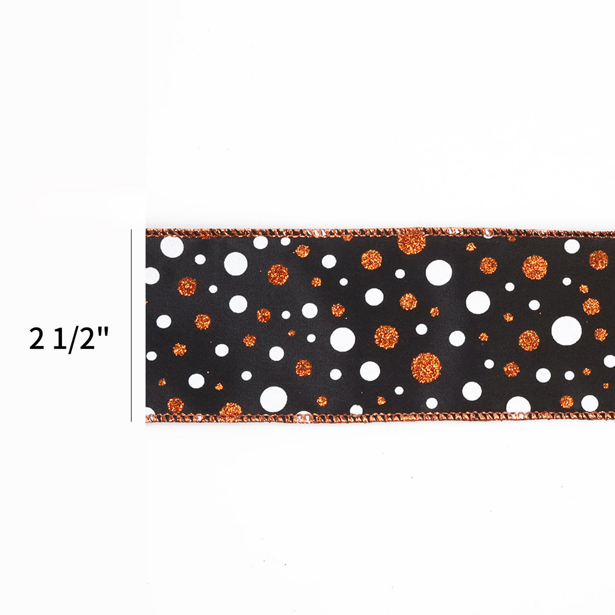 A strip of black ribbon with a pattern of white and orange glitter polka dots, shown with a dimension marker indicating a width of 2 1/2 inches.