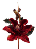 Burgundy velvet magnolia berry stem with dark green foliage and warm metallic accents