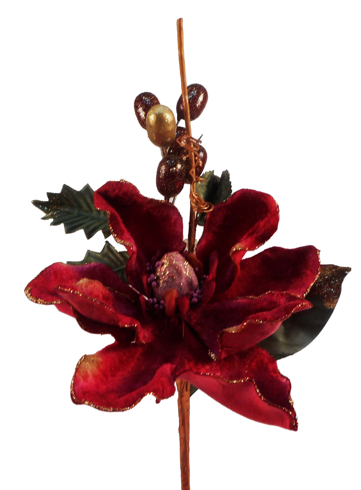Burgundy velvet magnolia berry stem with dark green foliage and warm metallic accents